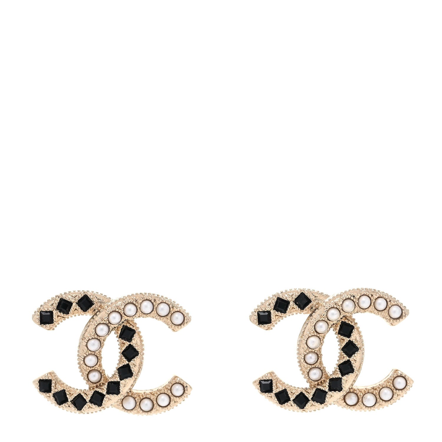 Chanel Baguette Crystal Pearl CC Earrings Gold Black 1 of 5