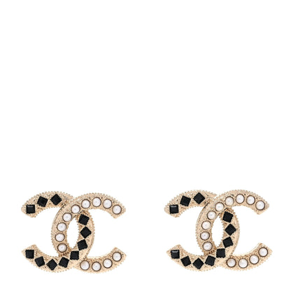 Chanel Baguette Crystal Pearl CC Earrings Gold Black 1 of 5