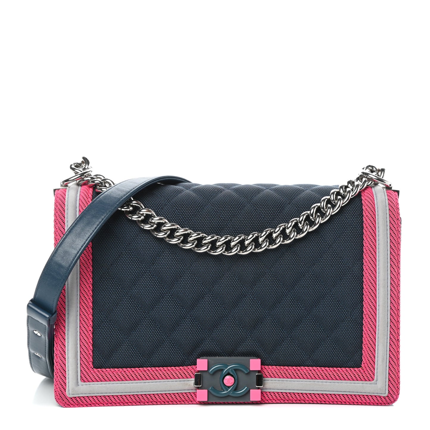 Canvas Quilted Medium Fluo Boy Flap Dark Navy Fuchsia Grey