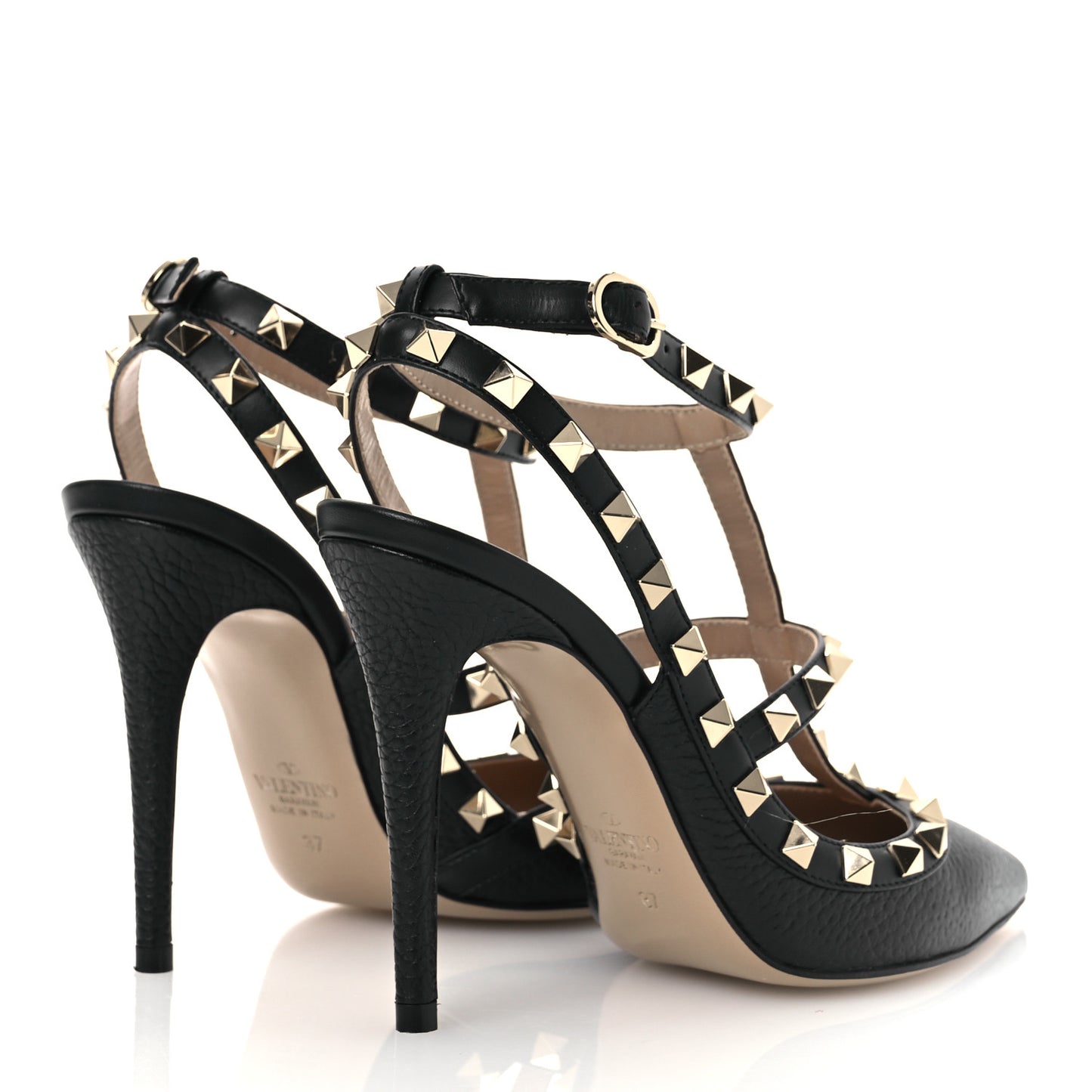 Calfskin Nappa Rockstud Ankle Strap 100mm Pumps 37 Black