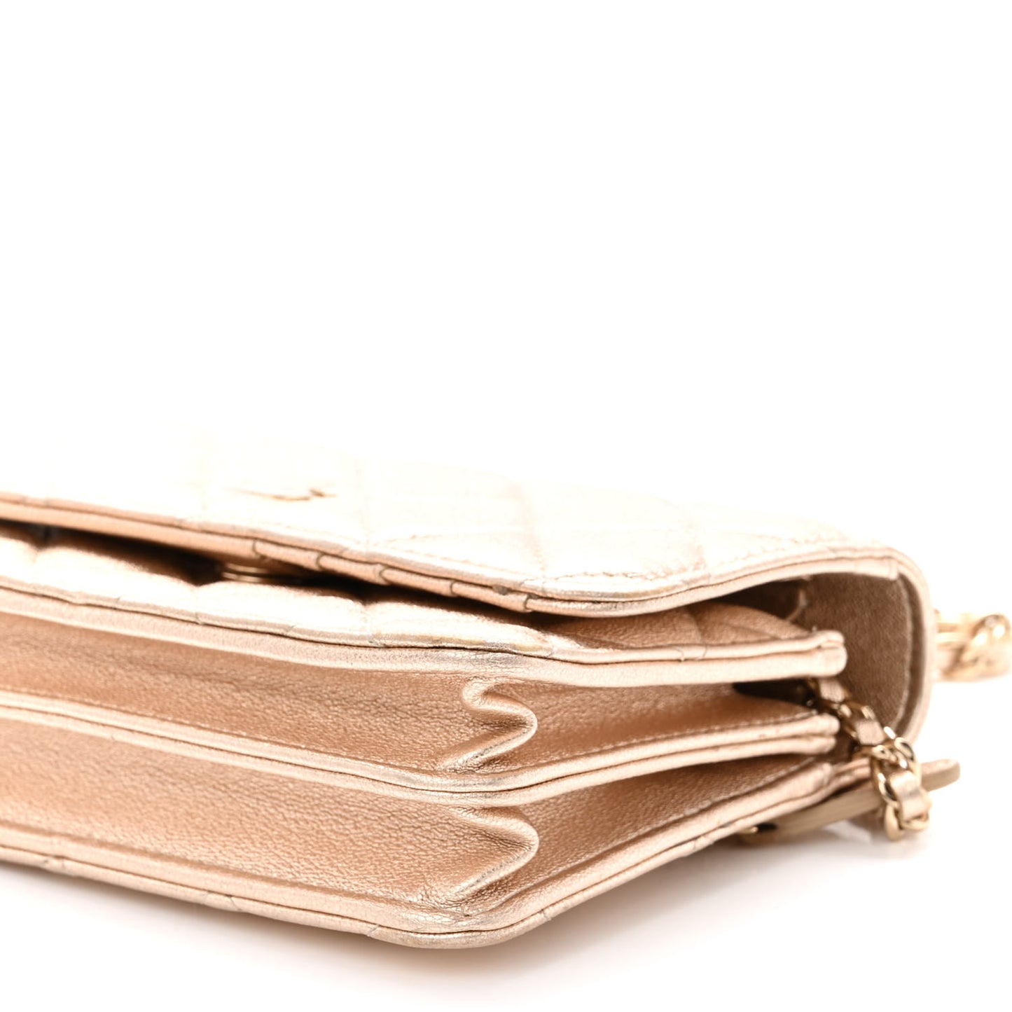 Metallic Lambskin Quilted Mini Wallet On Chain WOC Gold