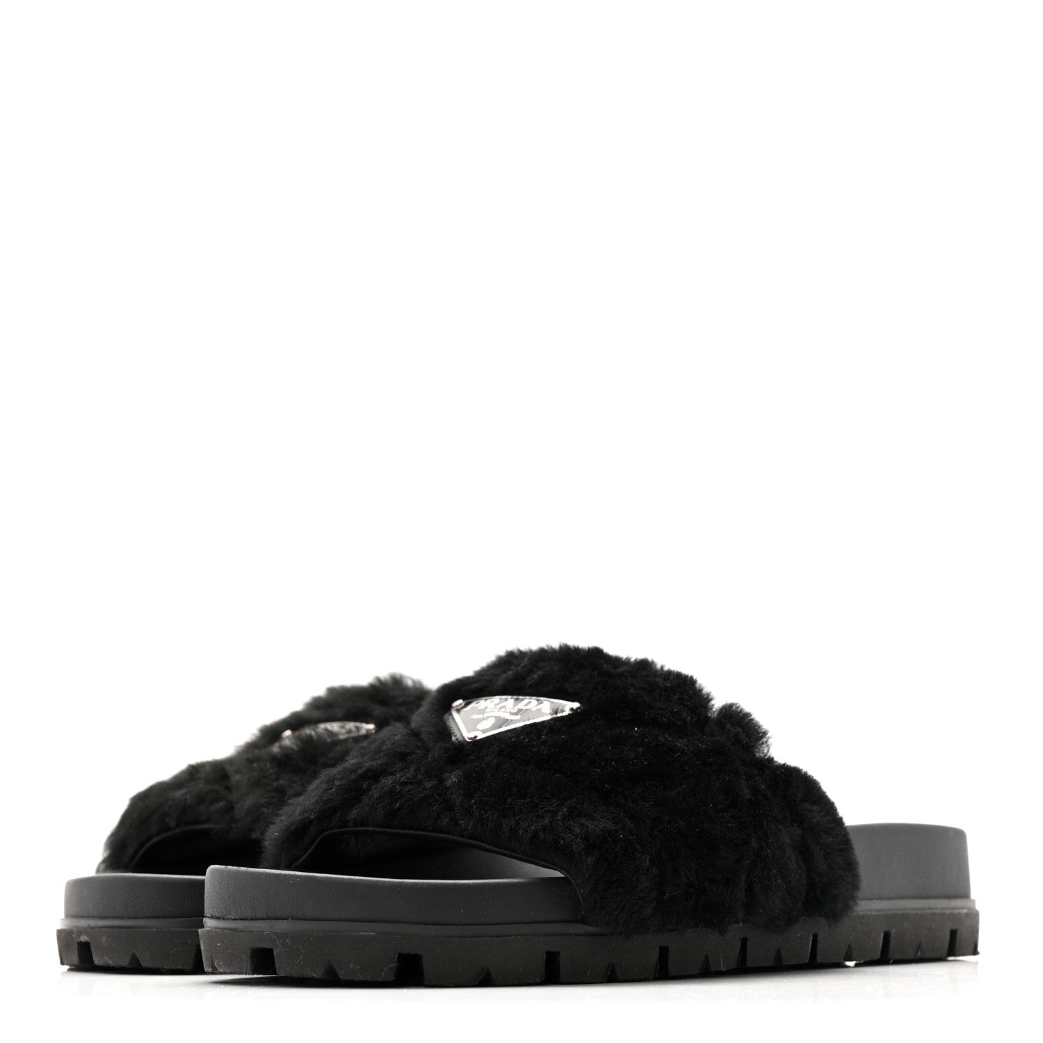 Prada Montone Metal Triangle Logo Lug Sole 20mm Slide Sandals 35 Black 4 of 9