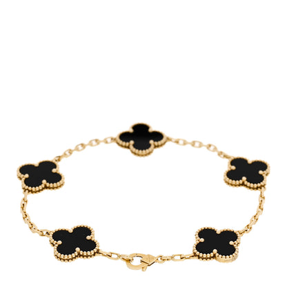 Van Cleef & Arpels 18K Yellow Gold Black Onyx 5 Motifs Vintage Alhambra Bracelet 2 of 5