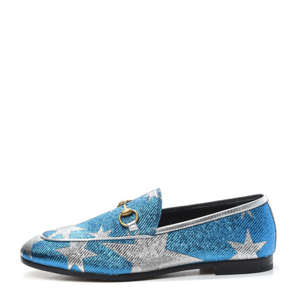 Gucci Lurex Calfskin Starry Sky Womens Jordaan Loafers 36 Bluette Silver 1 of 7