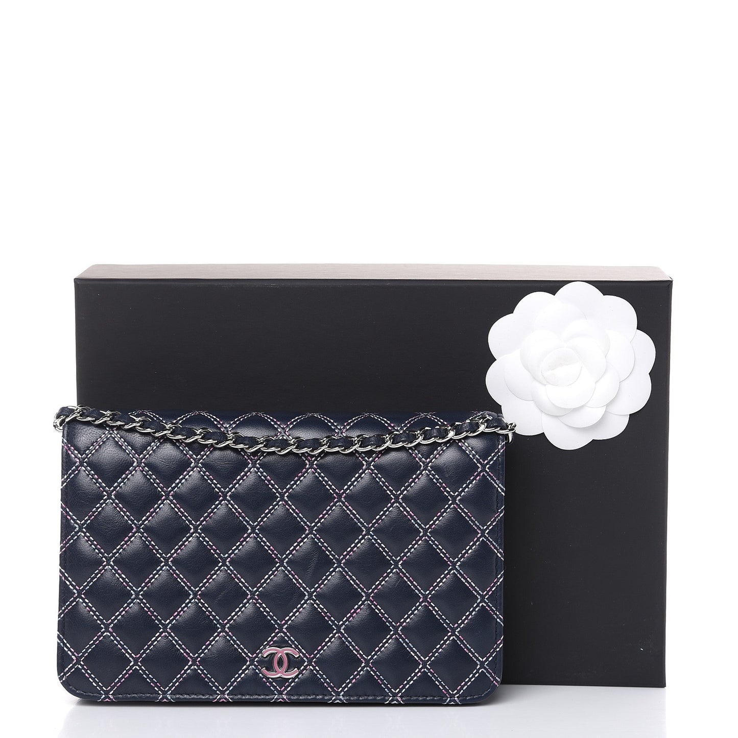 Lambskin Double Quilted Stitch Wallet On Chain WOC Navy Blue
