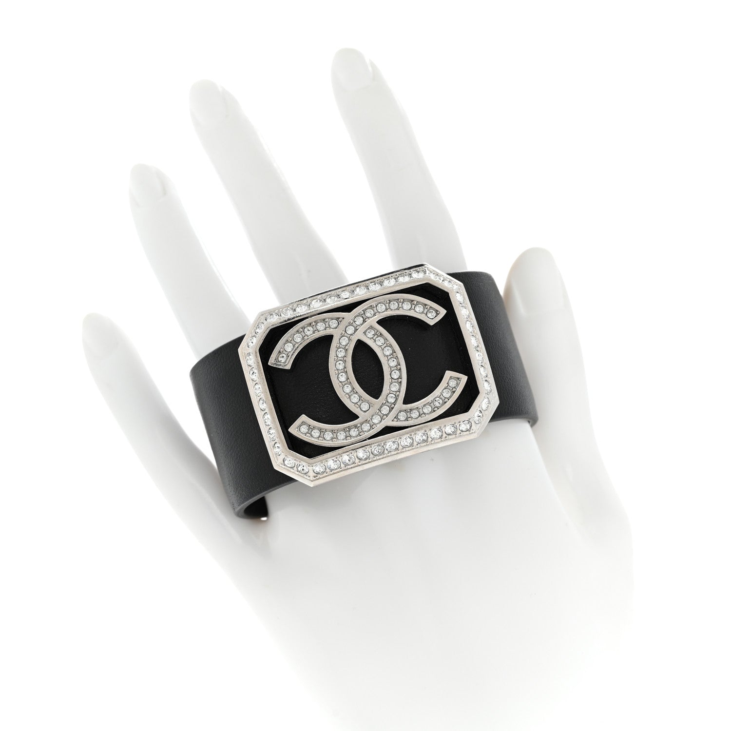 Chanel Calfskin Crystal CC Cuff Bracelet M Black 2 of 7