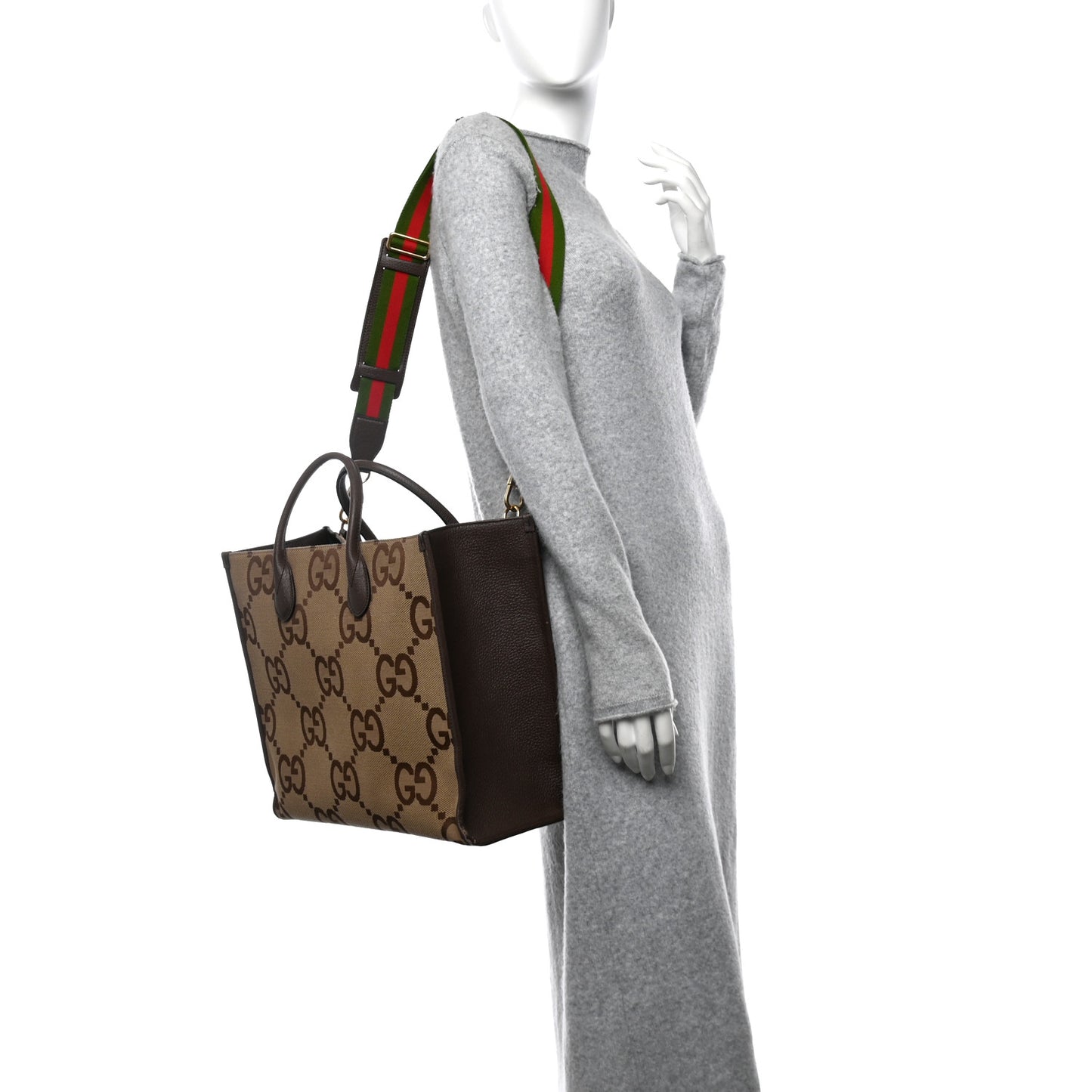 Monogram Jumbo GG Textured Dollar Calfskin Web Tote Bag Camel Ebony New Acero