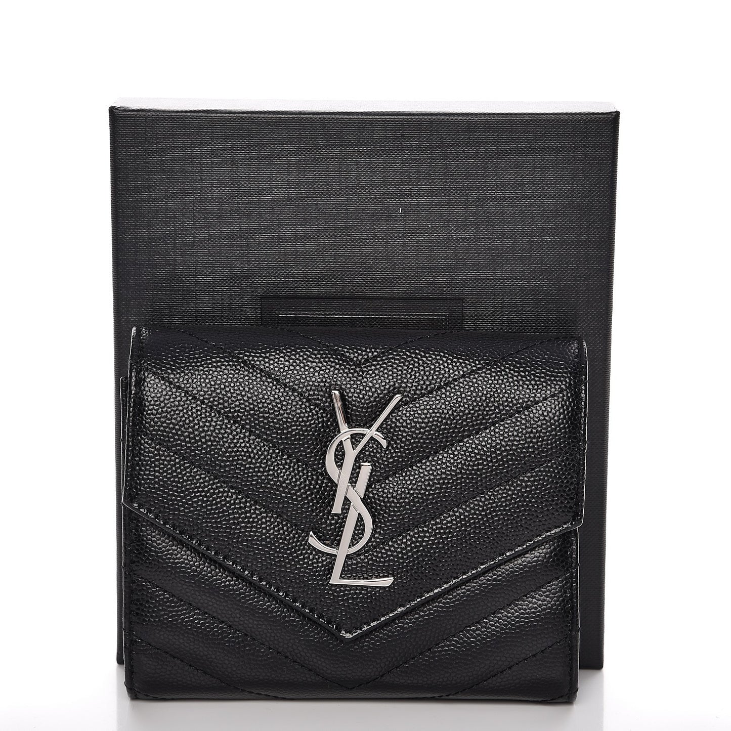 Grain De Poudre Matelasse Chevron Monogram Compact Tri Fold Wallet Black