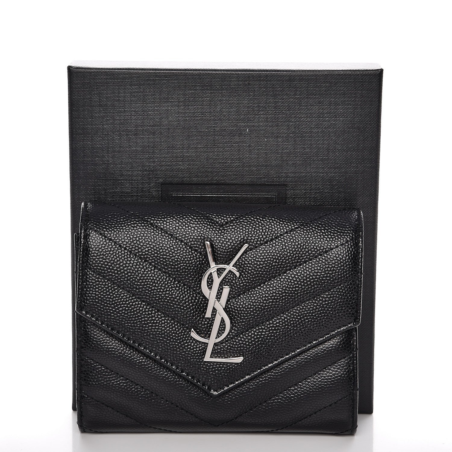 Saint Laurent Grain De Poudre Matelasse Chevron Monogram Compact Tri Fold Wallet Black 7 of 7