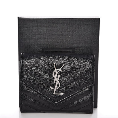 Saint Laurent Grain De Poudre Matelasse Chevron Monogram Compact Tri Fold Wallet Black 7 of 7