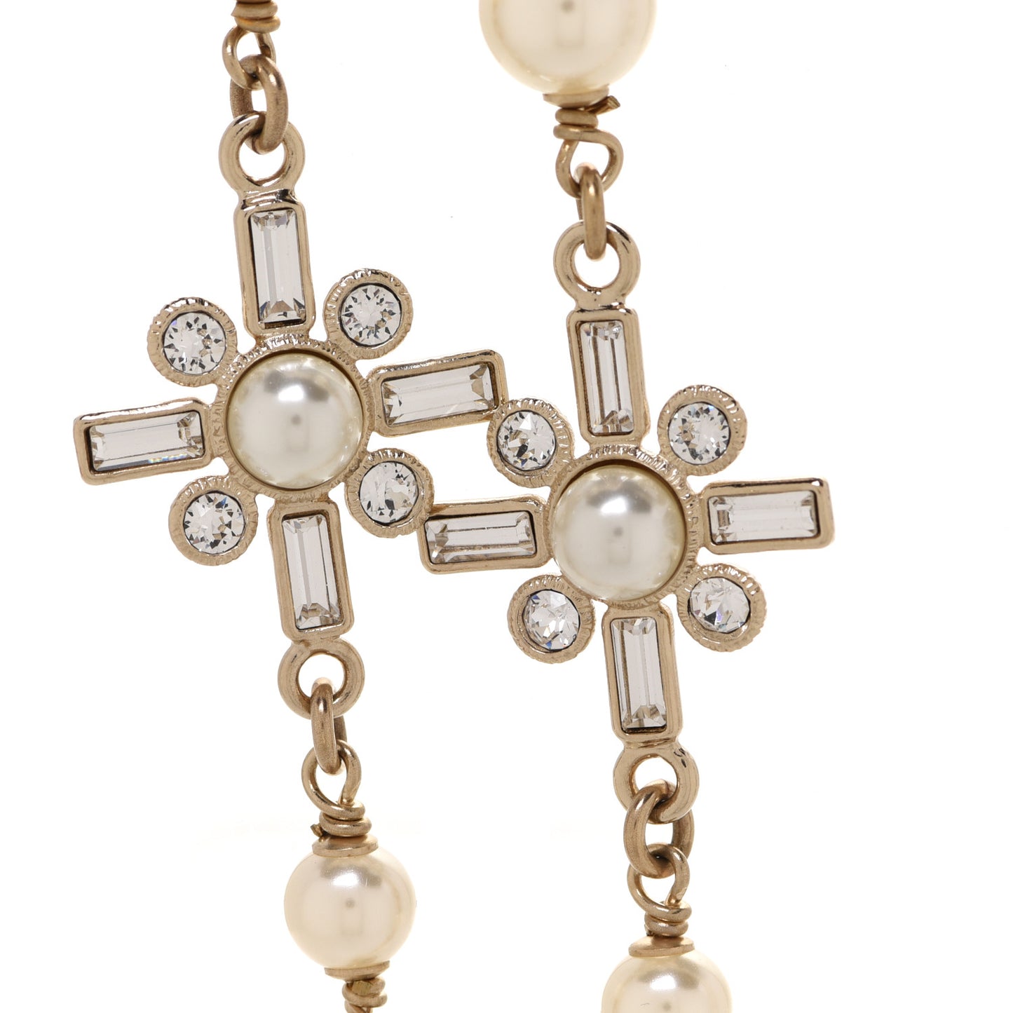 Crystal Baguette Pearl CC Cross Necklace Gold