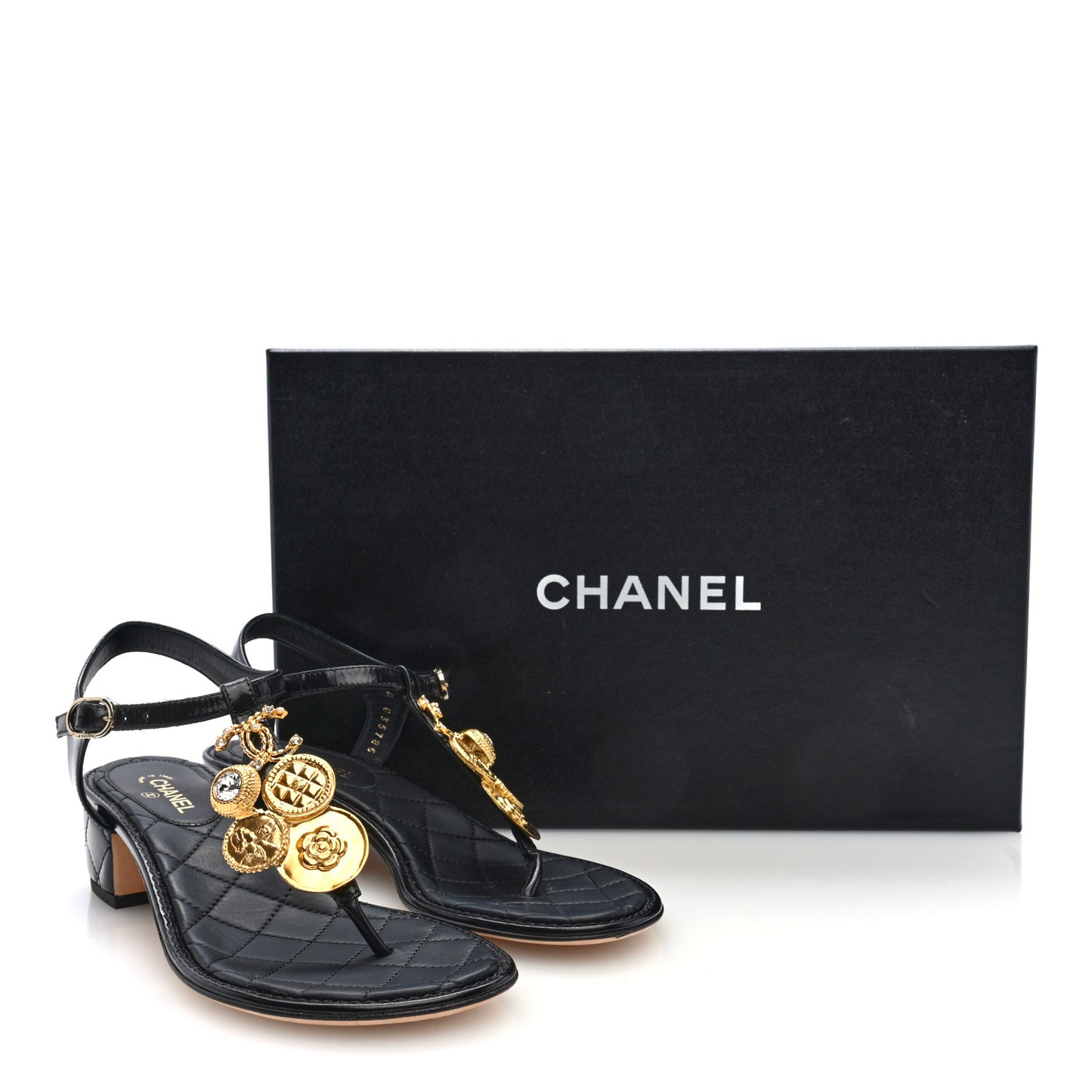 Calfskin Medallion CC Thong Sandals 36.5 Black