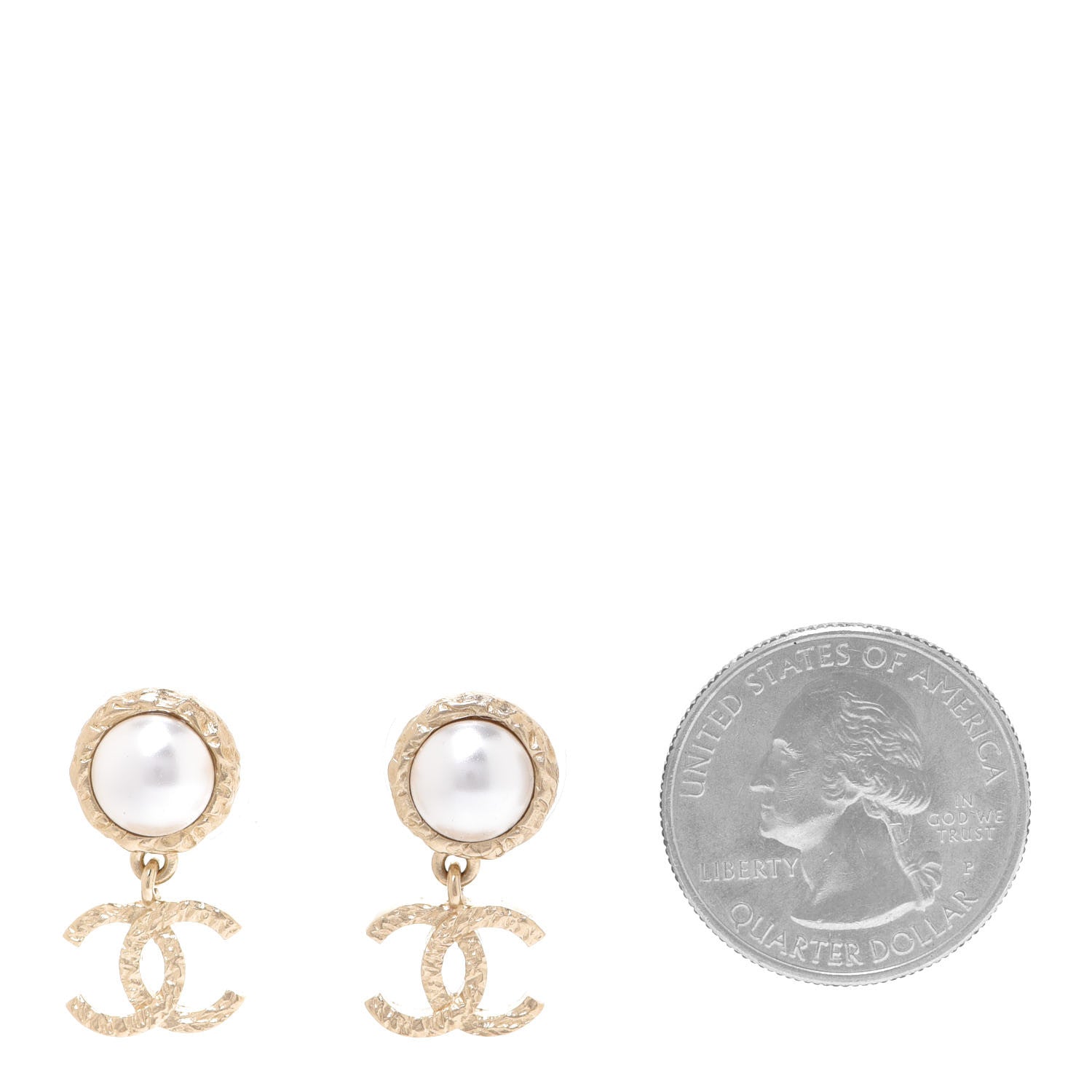 Chanel Pearl Hammered CC Drop Earrings Gold Pearly White 2 of 5