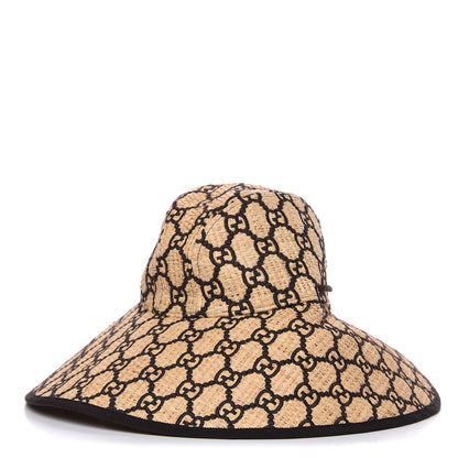 Gucci Raffia Elaphe GG Monogram Embroidered Wide Brim Hat Ivory Black 1 of 5
