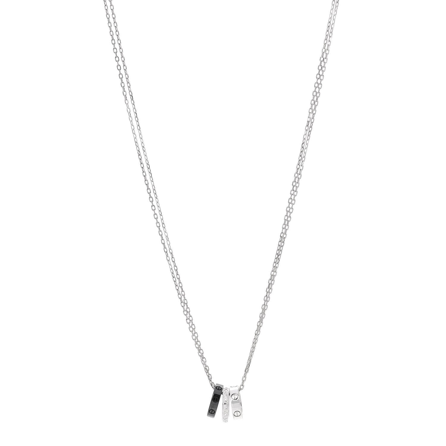 Cartier 18K White Gold Ceramic Diamond Three Ring LOVE Necklace 1 of 6