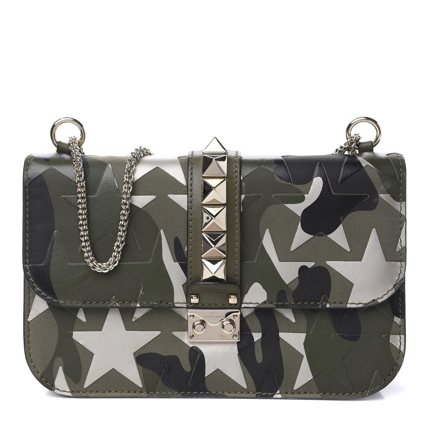 Nappa Canvas Camustars Medium Glam Lock Rockstud Flap Green