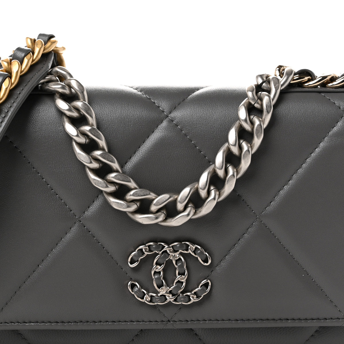 Lambskin Quilted Chanel 19 Wallet On Chain WOC Grey