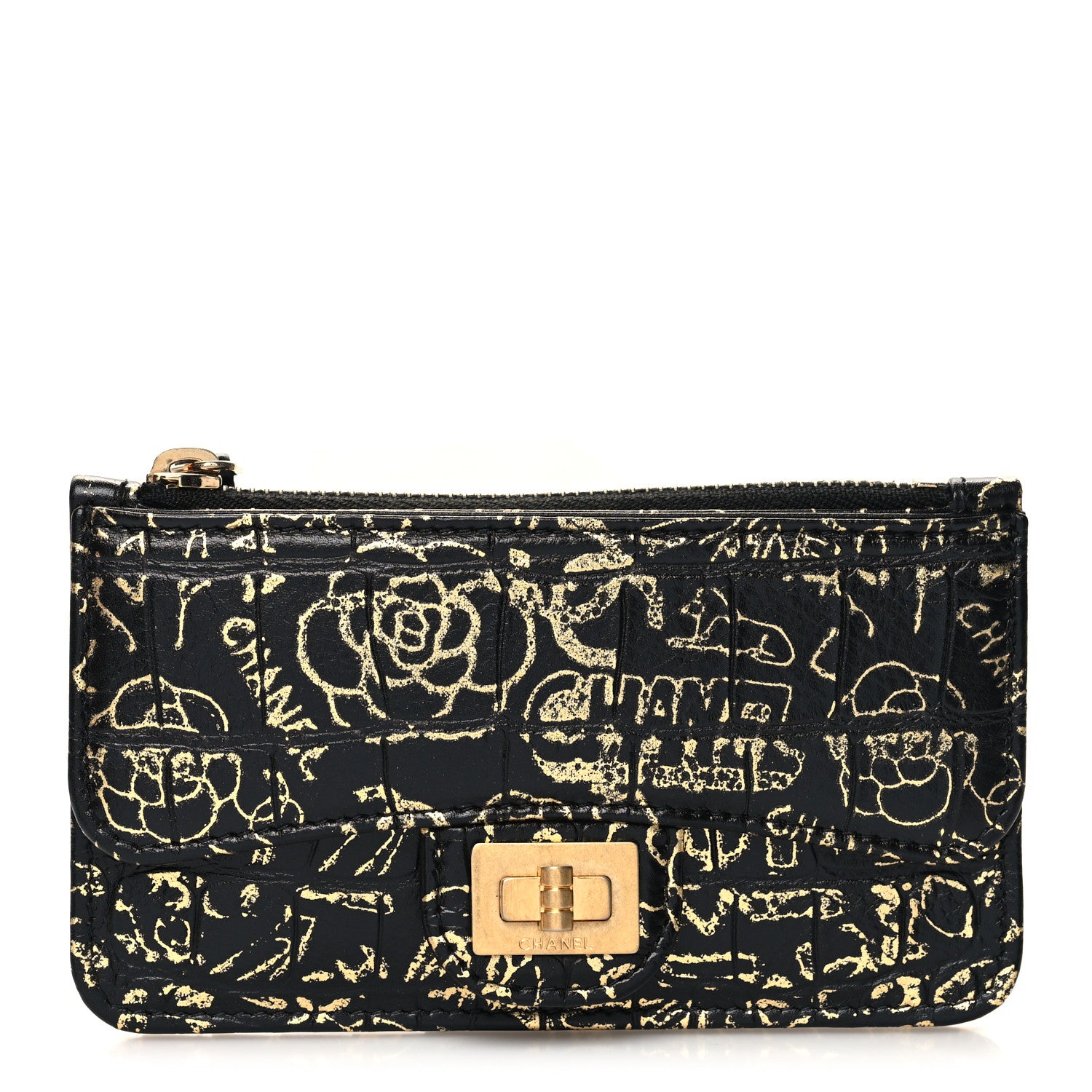 Chanel Calfskin Crocodile Embossed Graffiti Reissue Flap Zip Card Holder Black Gold 1 of 8
