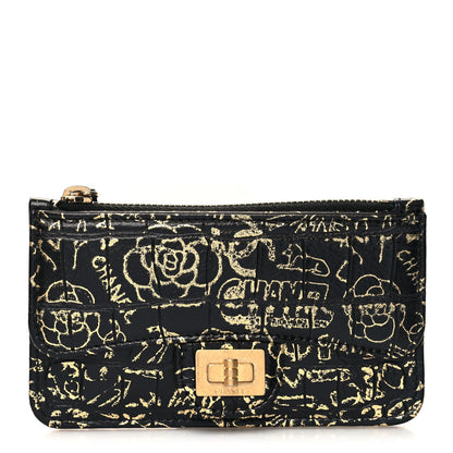Chanel Calfskin Crocodile Embossed Graffiti Reissue Flap Zip Card Holder Black Gold 1 of 8