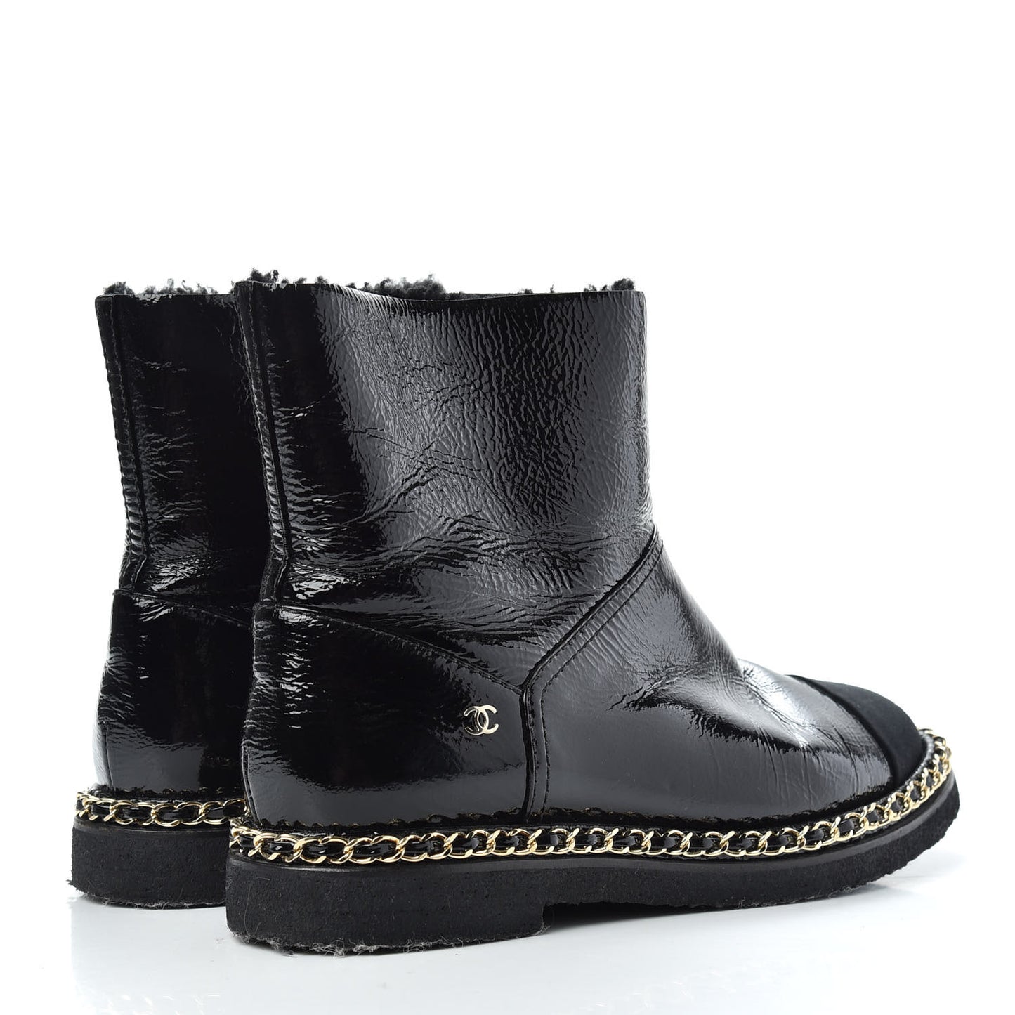 Crumpled Calfskin Shearling Womens Cap Toe Chain Short Boots 39 Black