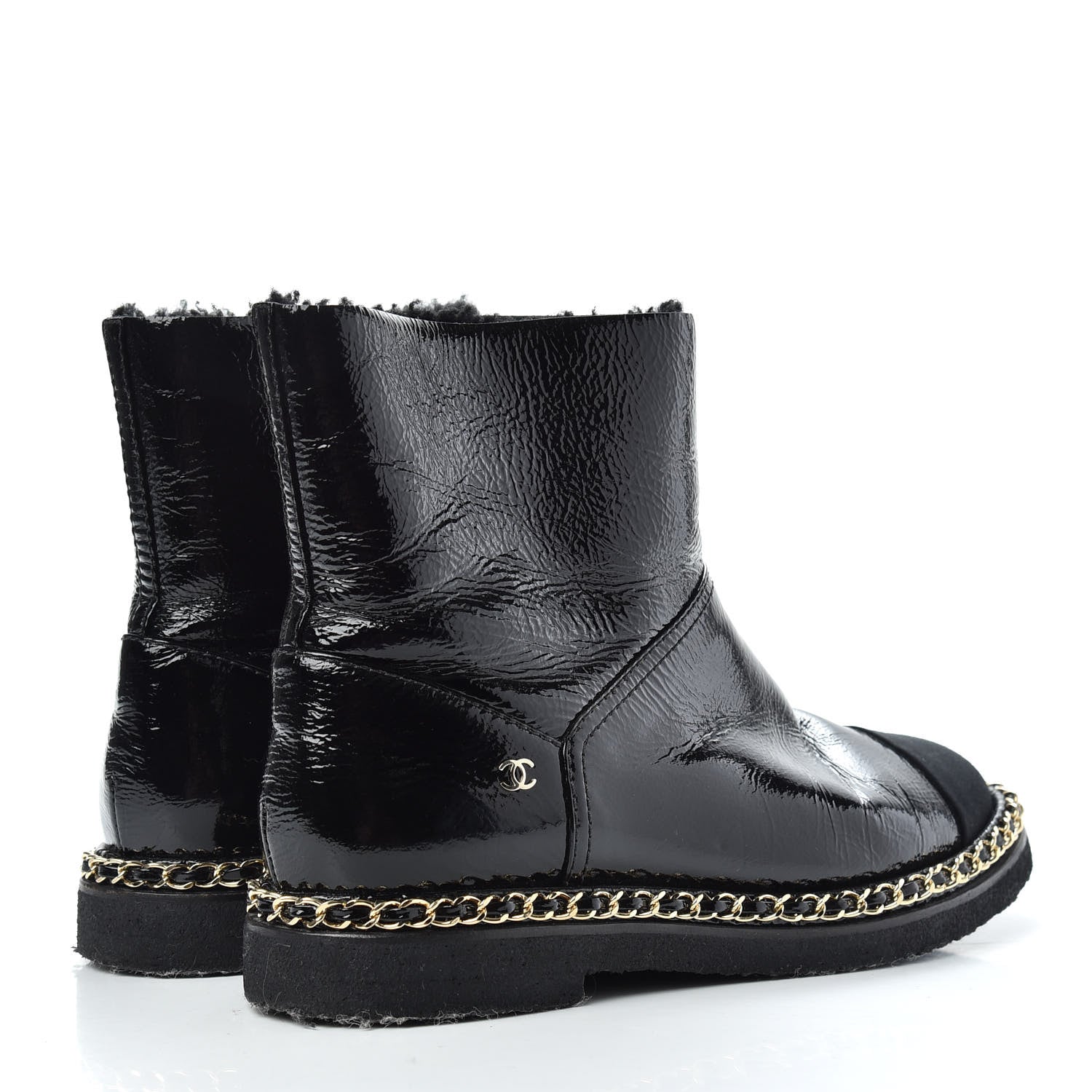 Chanel Crumpled Calfskin Shearling Womens Cap Toe Chain Short Boots 39 Black 4 of 9