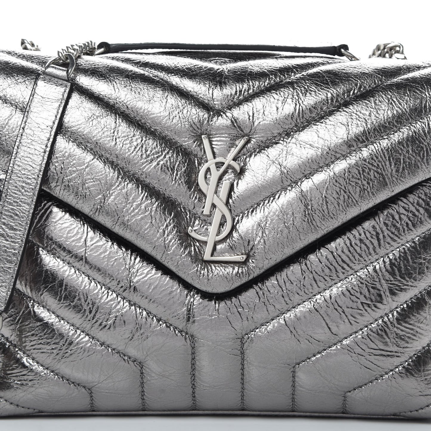 Metallic Calfskin Y Quilted Monogram Small Loulou Chain Satchel Acciaio