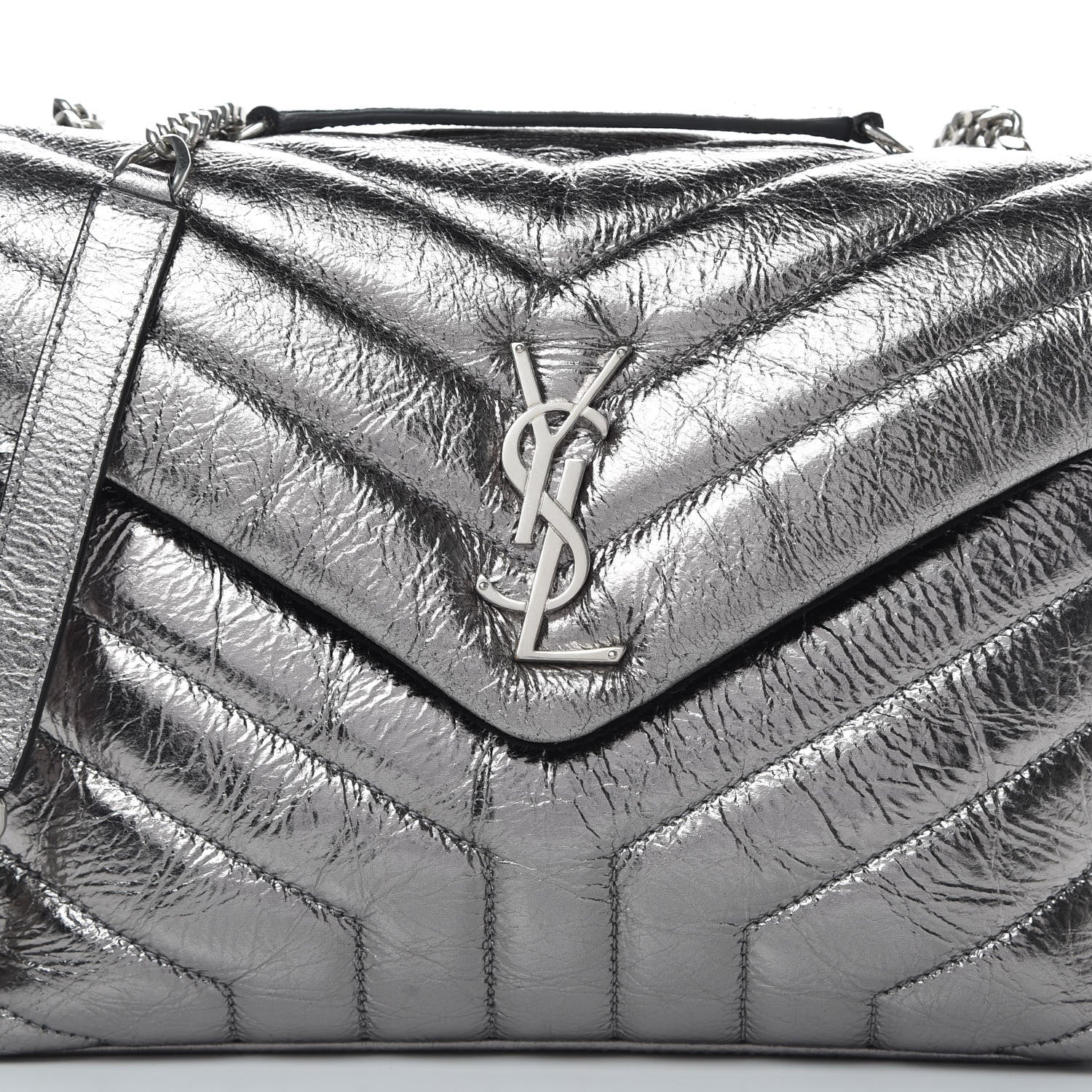 Saint Laurent Metallic Calfskin Y Quilted Monogram Small Loulou Chain Satchel Acciaio 8 of 13