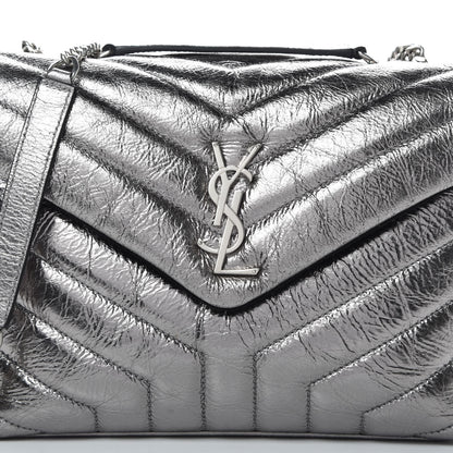 Saint Laurent Metallic Calfskin Y Quilted Monogram Small Loulou Chain Satchel Acciaio 8 of 13