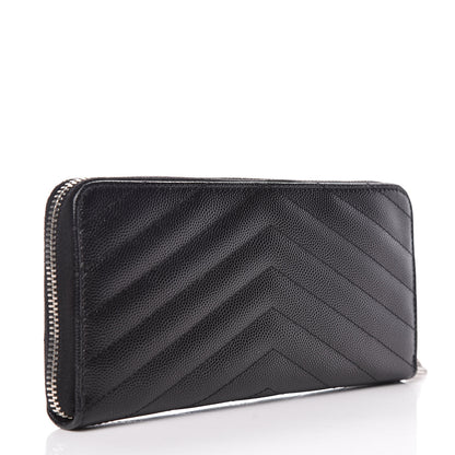 Saint Laurent Grain De Poudre Matelasse Chevron Monogram Zip Around Wallet Black 3 of 7