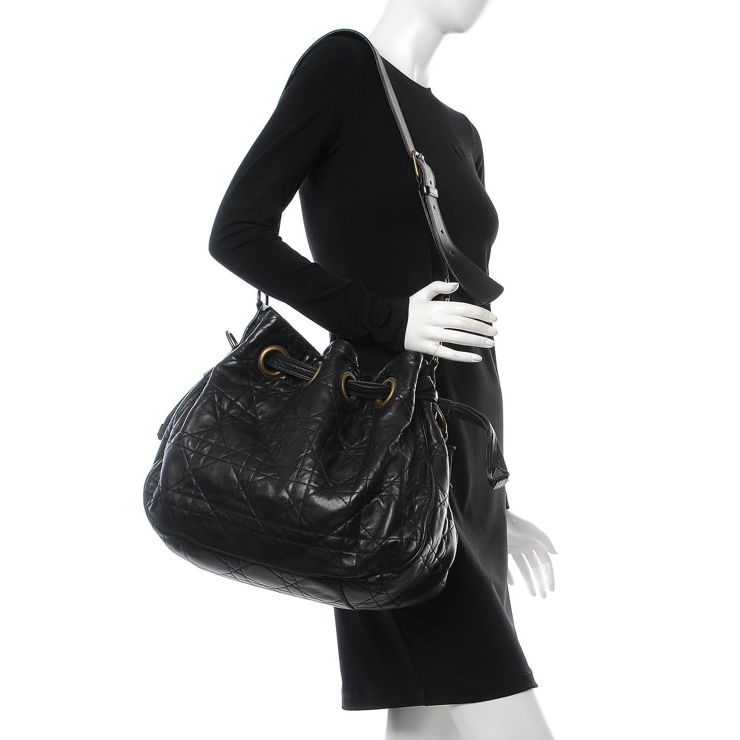 Lambskin Cannage Stitched Drawsting Tote Black