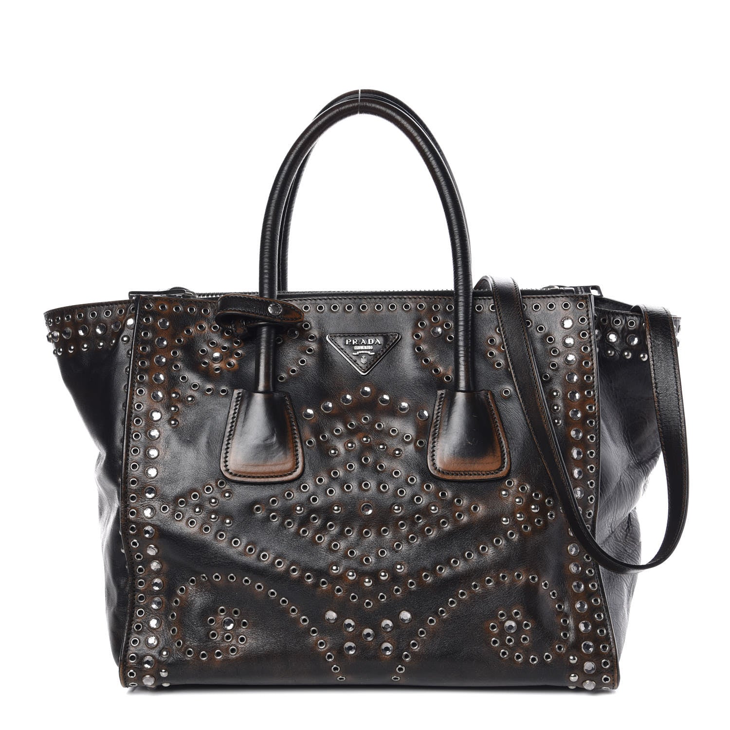 Prada Vitello Vintage Studded Twin Pocket Tote Ebano 359036