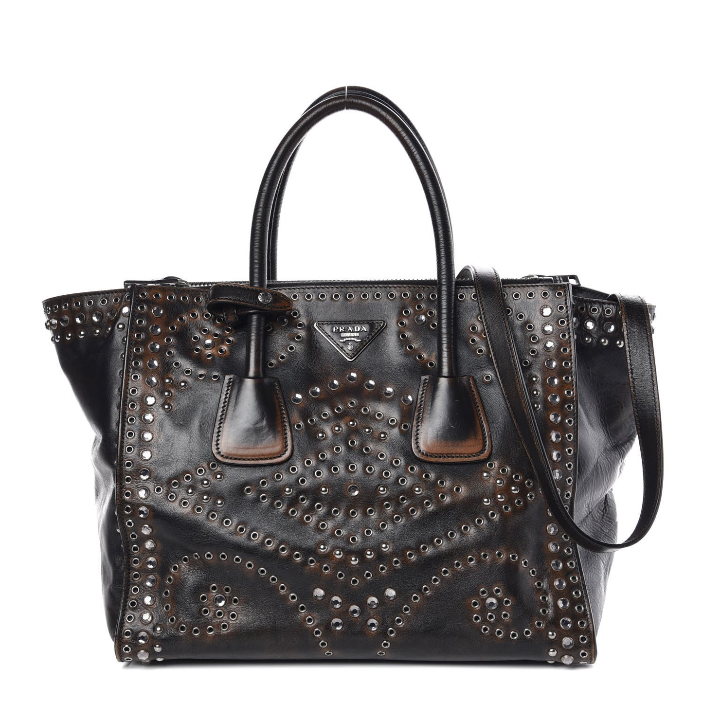 Vitello Vintage Studded Twin Pocket Tote Ebano