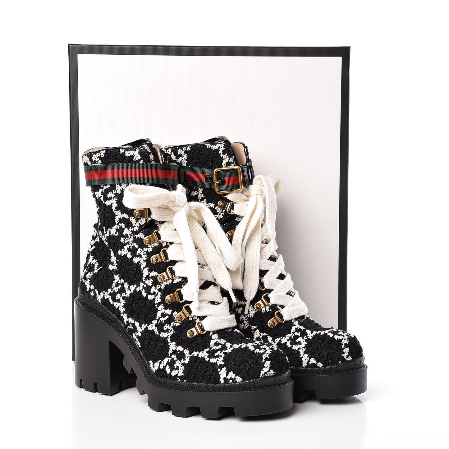 Tweed GG Monogram Lace Up Combat Ankle Boots 39.5 Black