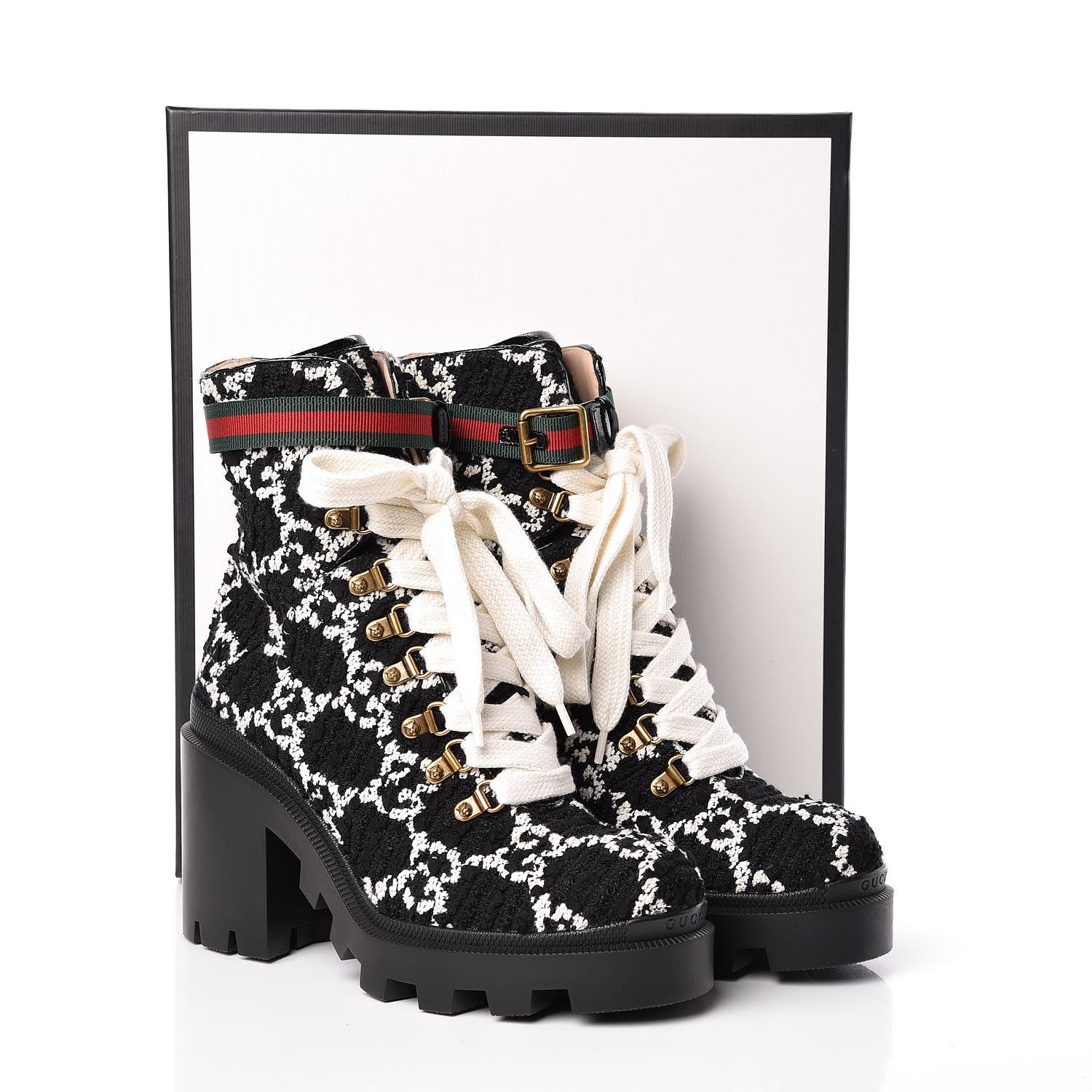 Gucci Tweed GG Monogram Lace Up Combat Ankle Boots 39.5 Black 9 of 9