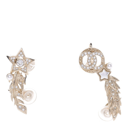 Chanel Resin Crystal Pearl Feather Star CC Clip On Earrings Gold 1 of 5