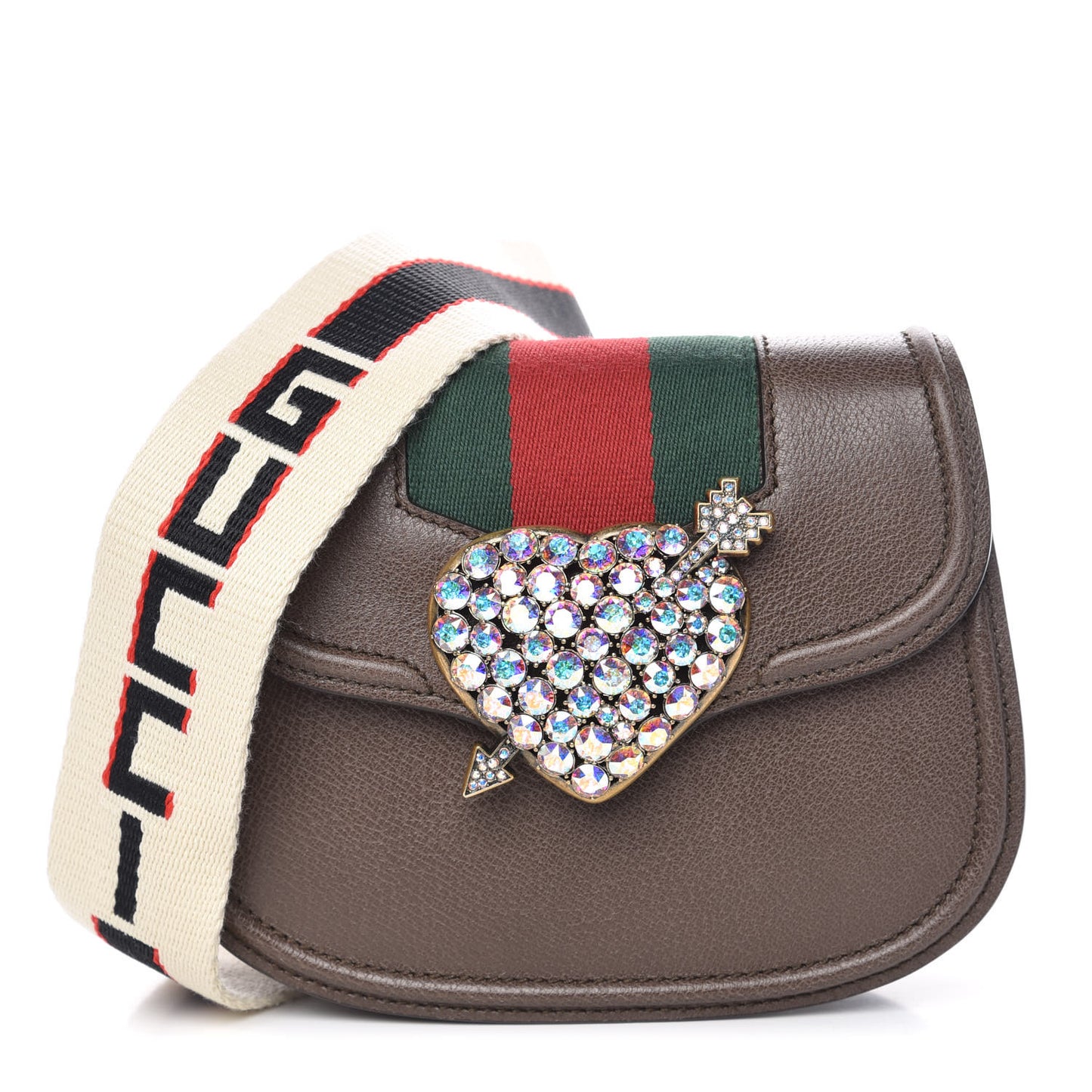 Textured Calfskin Web Crystal Heart Stripe Small Totem Shoulder Bag New Acero
