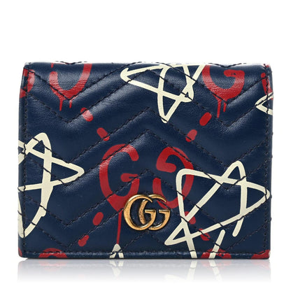 Gucci Calfskin Matelasse GucciGhost GG Marmont Card Case Blue Agata Hibiscus Red 1 of 19