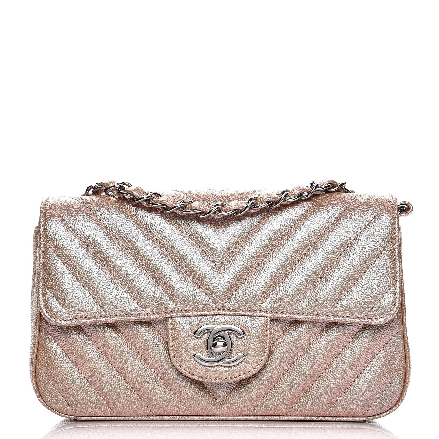 Iridescent Caviar Chevron Quilted Mini Rectangular Flap Light Gold