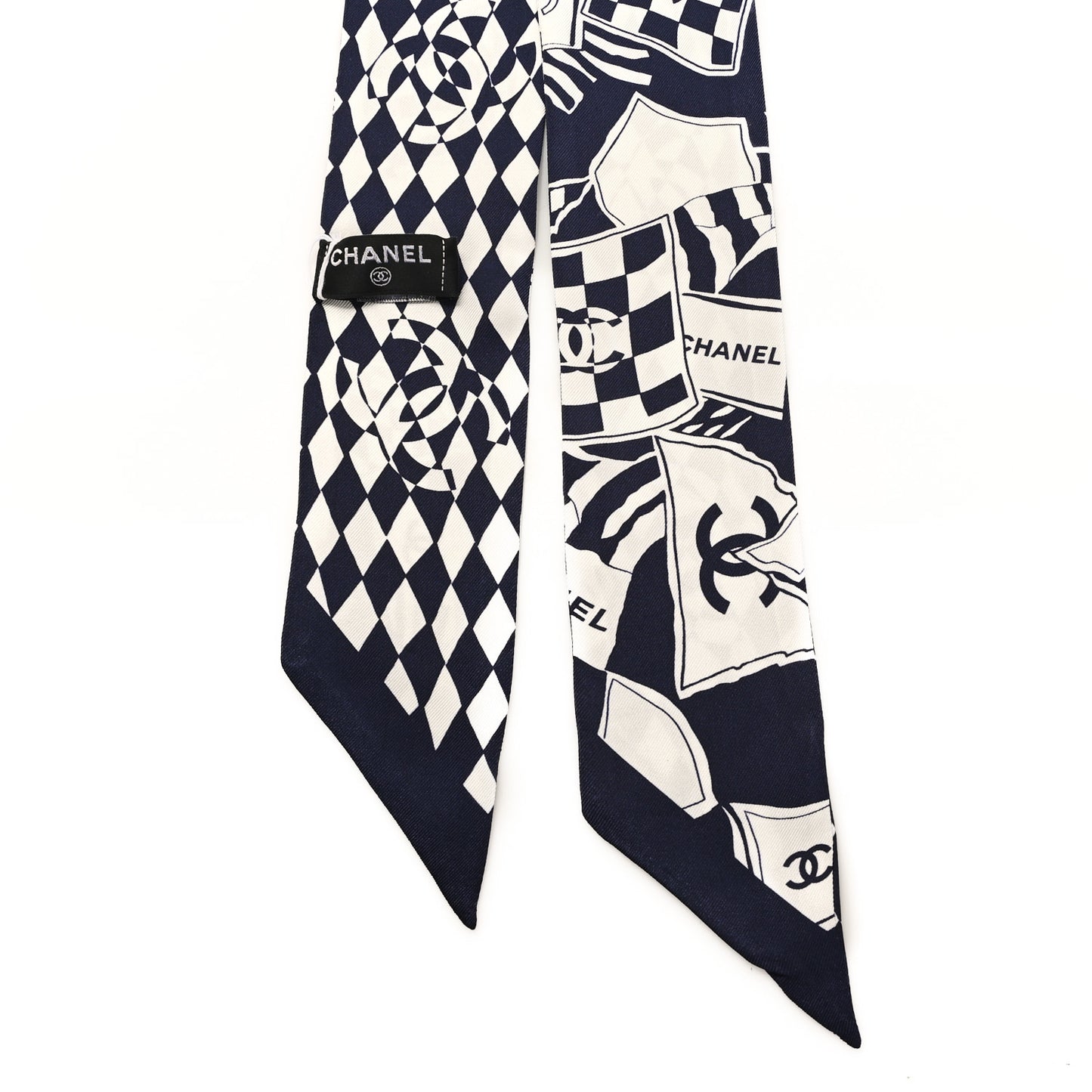 Silk CC Slim Bandeau Scarf Navy Blue White