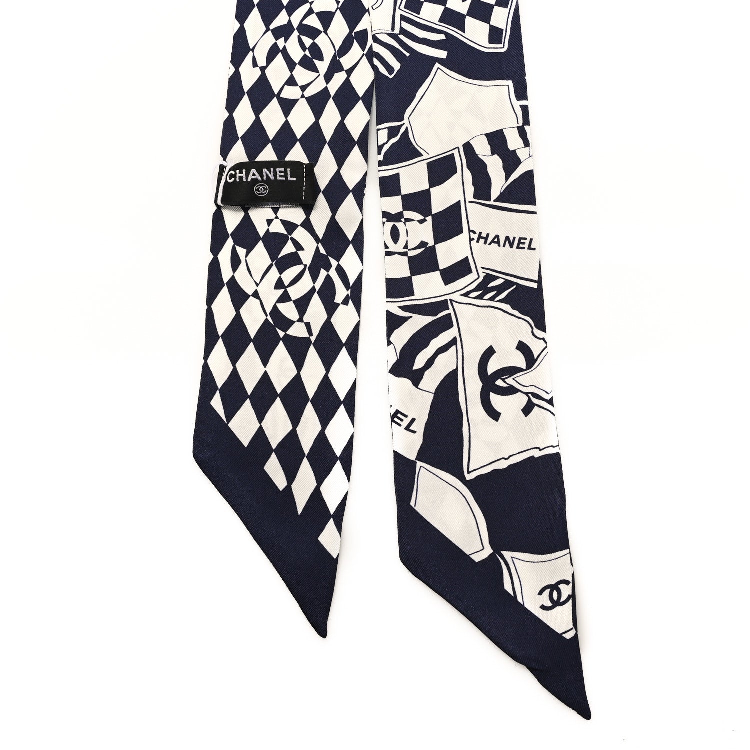 Chanel Silk CC Slim Bandeau Scarf Navy Blue White 2 of 3