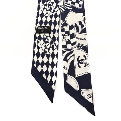 Chanel Silk CC Slim Bandeau Scarf Navy Blue White 2 of 3