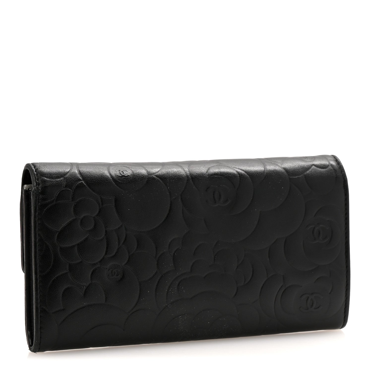 Chanel Lambskin Embossed Camellia Large Gusset Flap Wallet Black 3 of 10