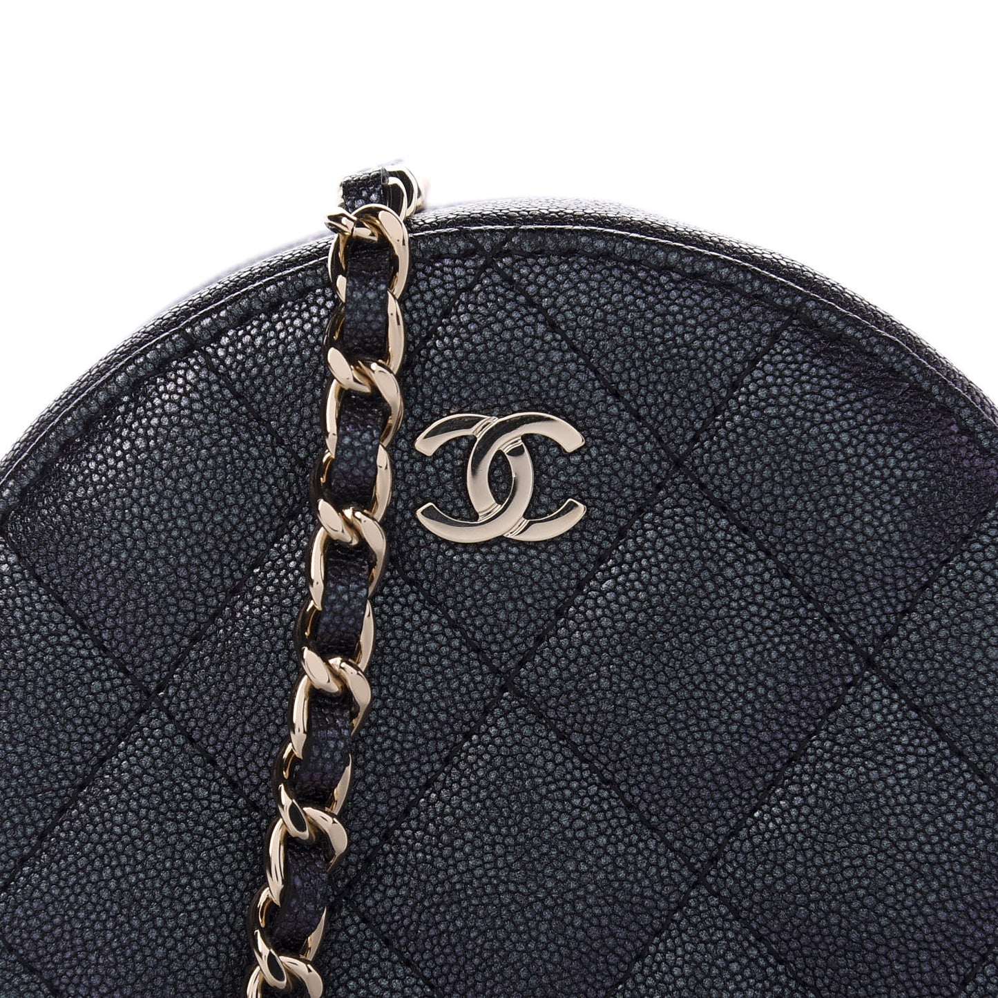 Iridescent Caviar Quilted Round Clutch With Chain Black