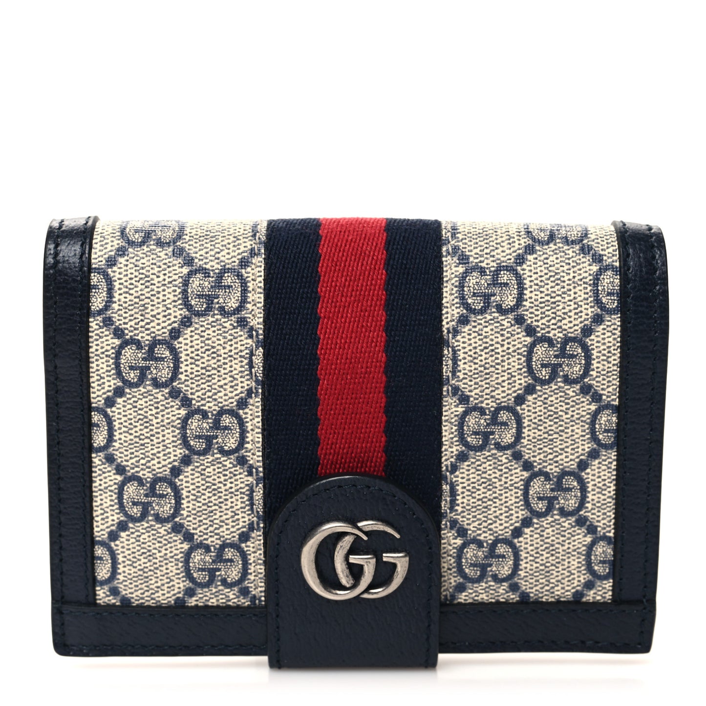 GG Supreme Monogram Textured Dollar Calfskin Web Ophidia Passport Case Beige Blue