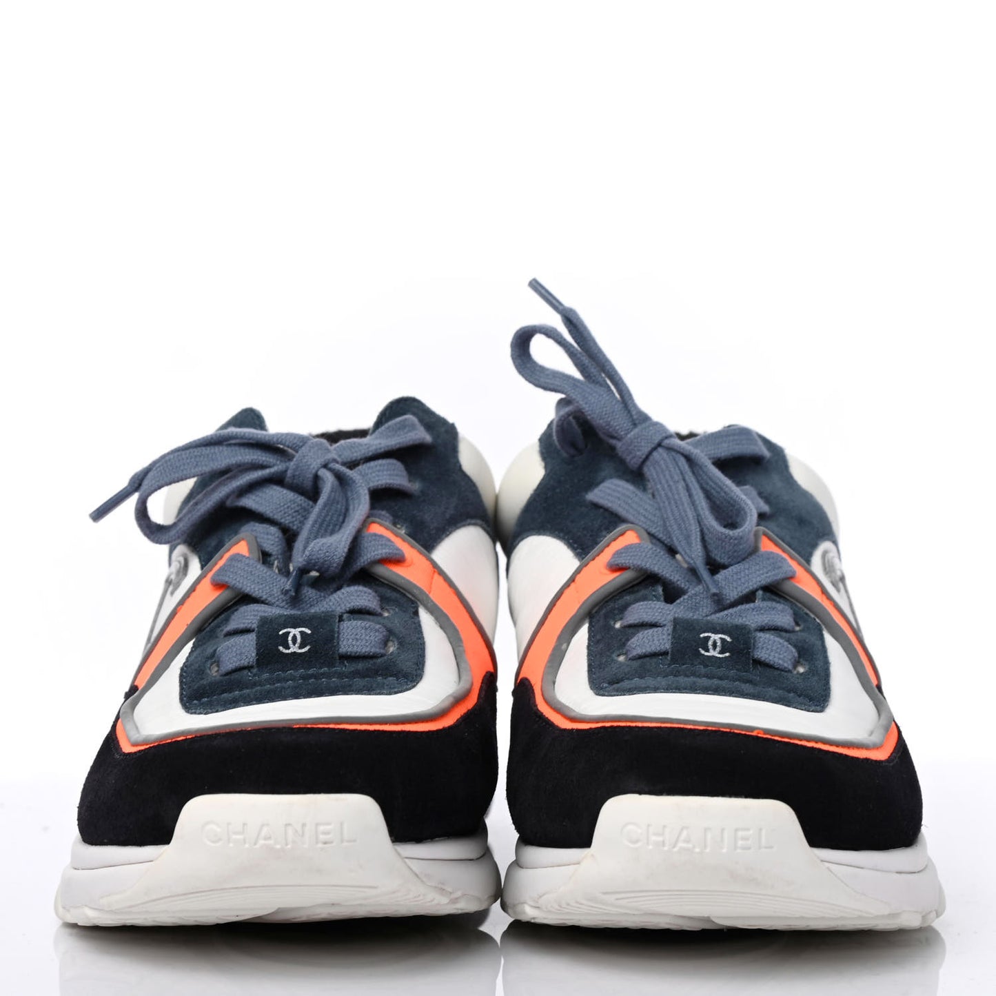 Nylon Calfskin Suede CC Womens Sneakers 39 Navy White Orange