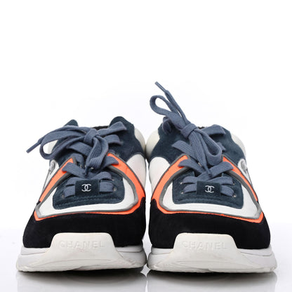 Chanel Nylon Calfskin Suede CC Womens Sneakers 39 Navy White Orange 2 of 4