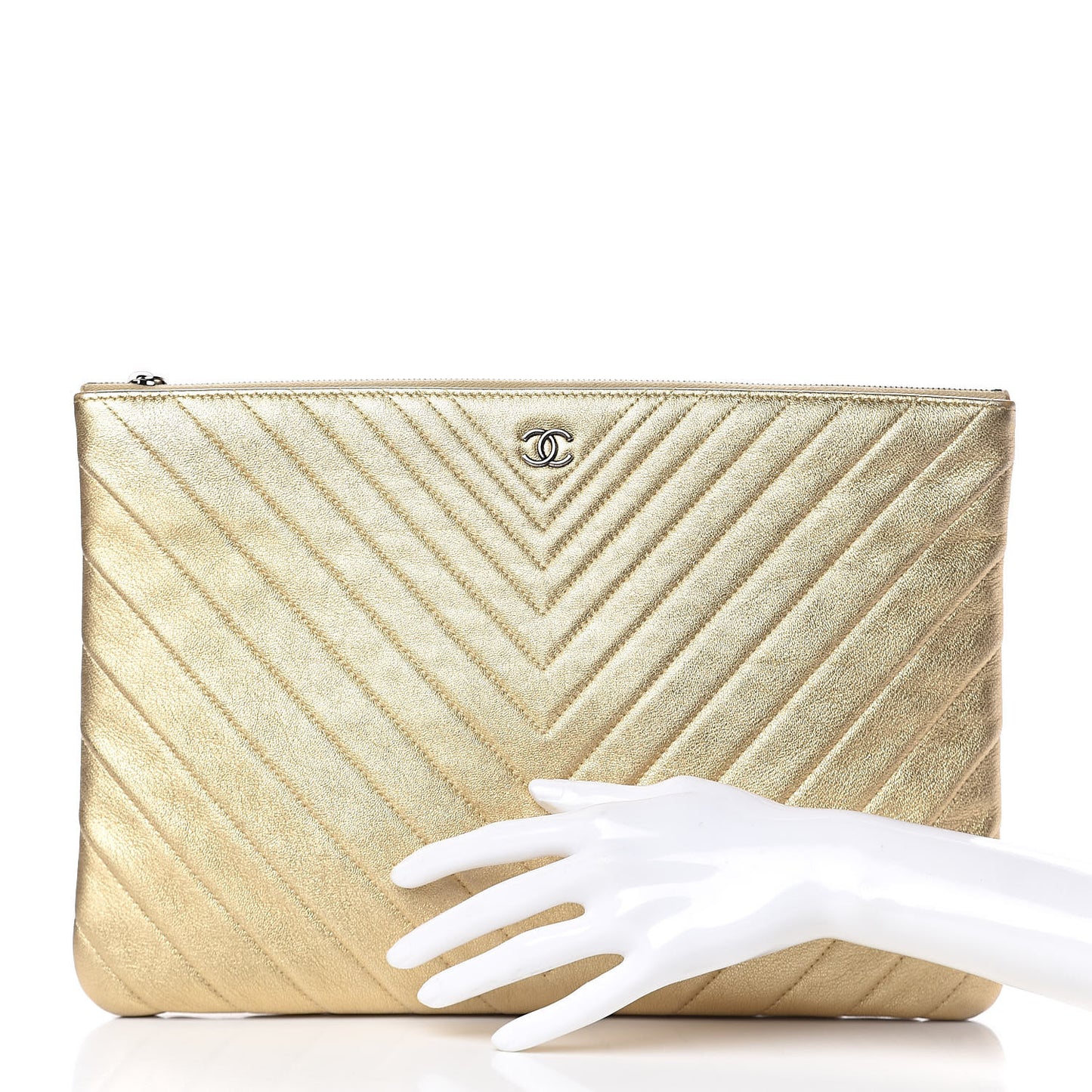 Metallic Calfskin Chevron Quilted Large Cosmetic Case Light Gold
