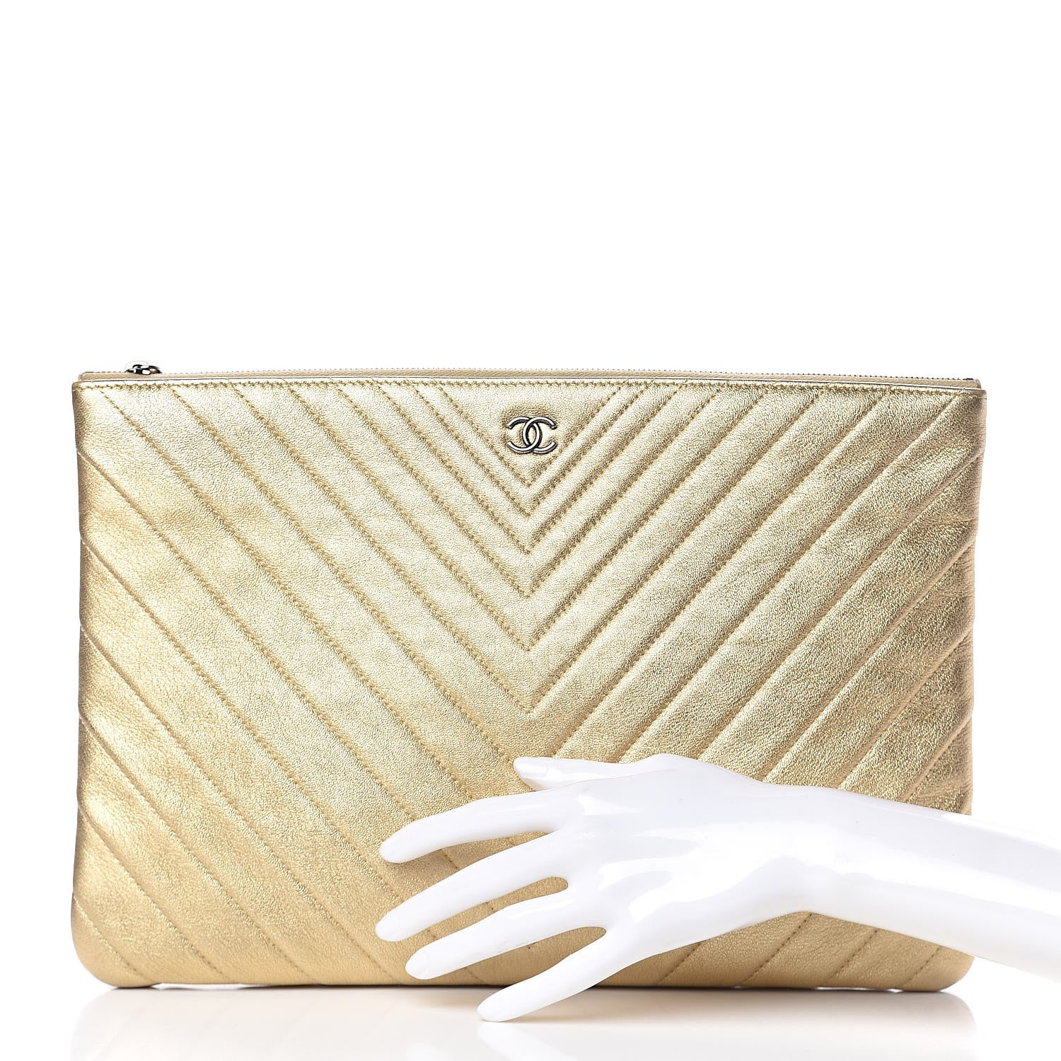 Chanel Metallic Calfskin Chevron Quilted Large Cosmetic Case Light Gold 2 of 12