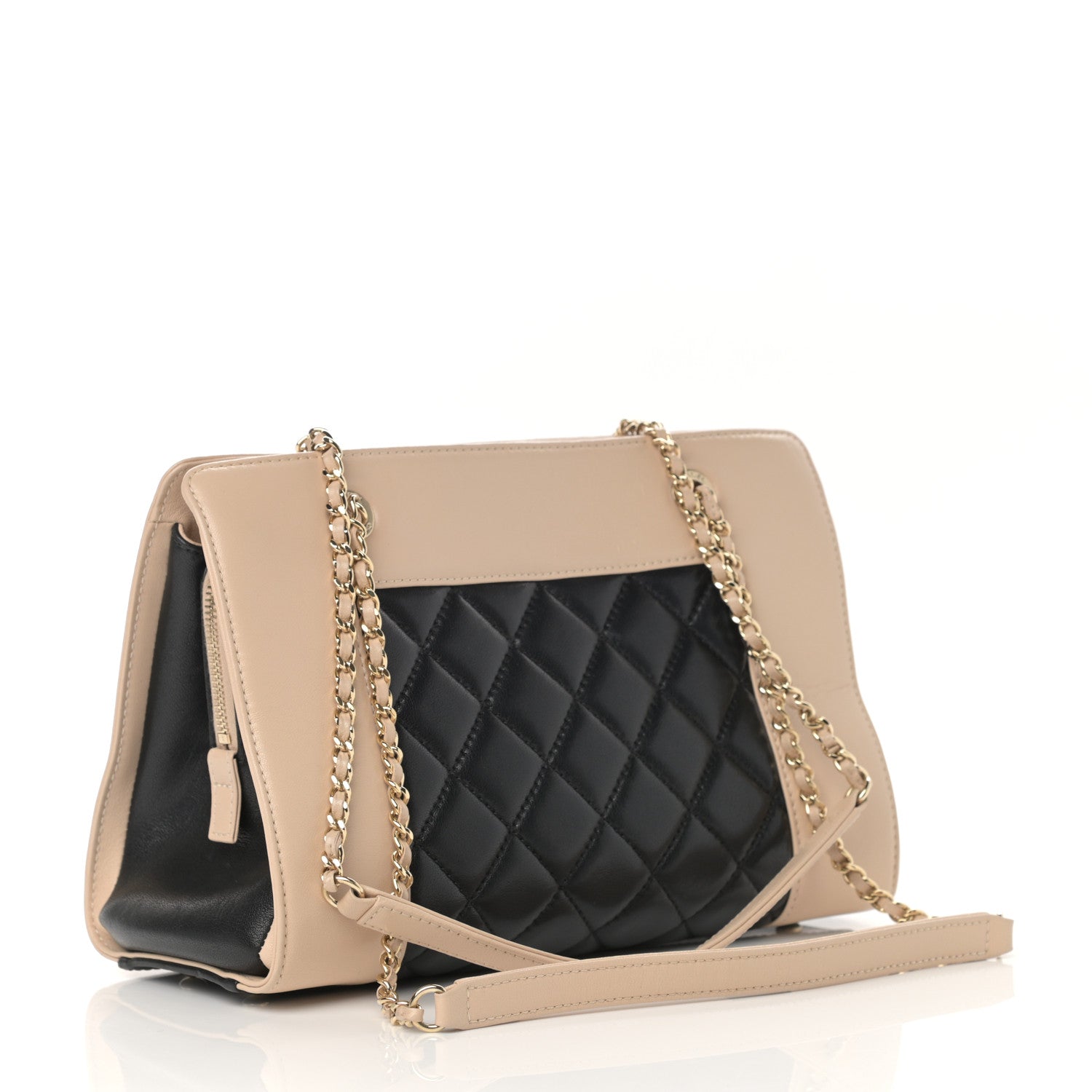 Chanel Sheepskin Quilted Mademoiselle Vintage Shopping Tote Beige Black 3 of 13