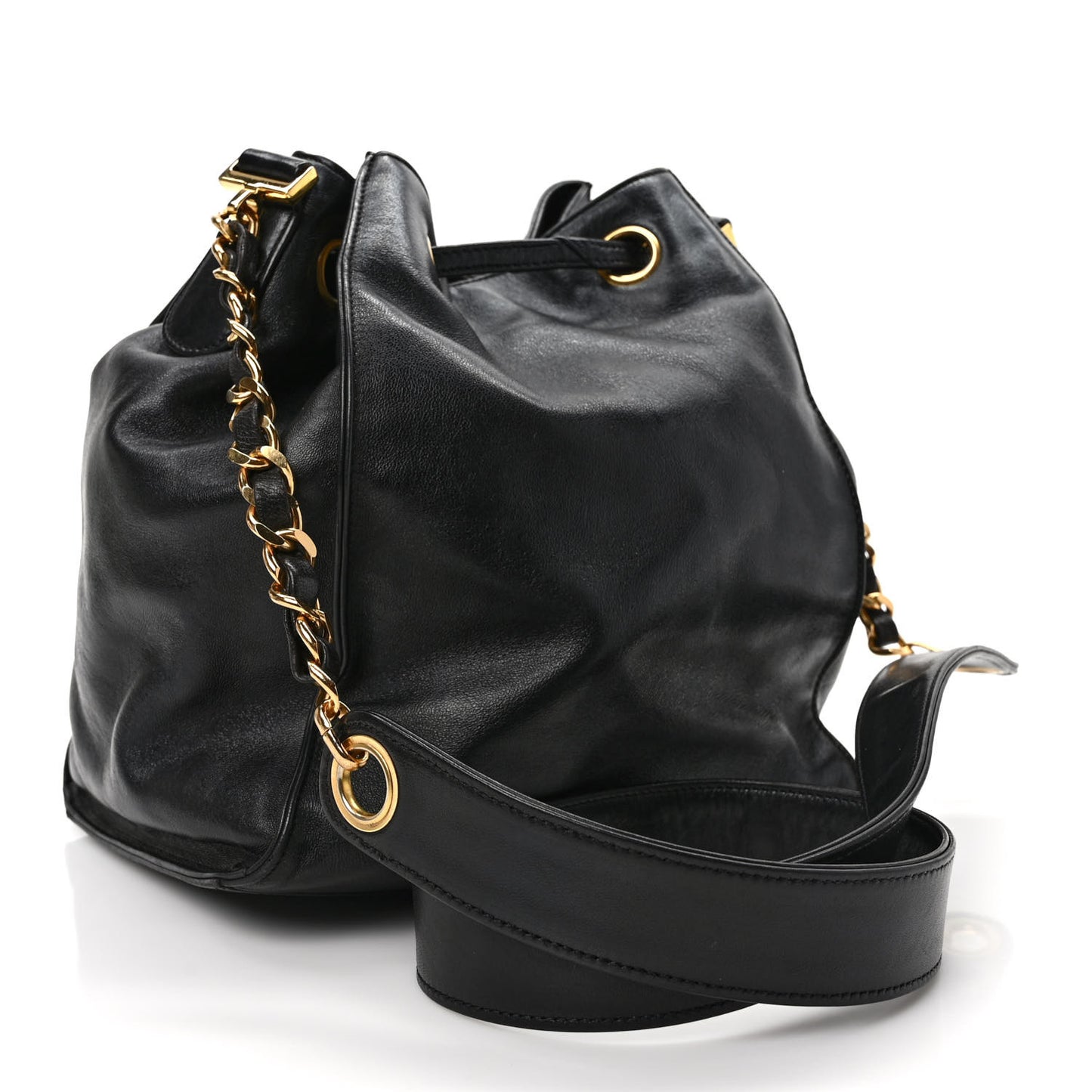Lambskin CC Stitched Drawstring Bucket Bag Dark Brown